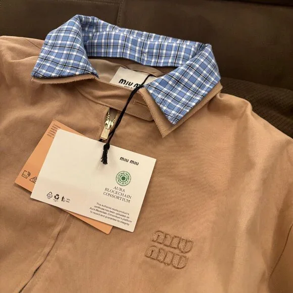 Miu Miu Women's Casual Zip-Collar Layered-Look Jacket — Beige, Size M - Picture 4 of 5